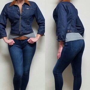 Rare Vintage 70s Wrangler Bluebell Denim Fleece Lined Corduroy Cropped Jacket S